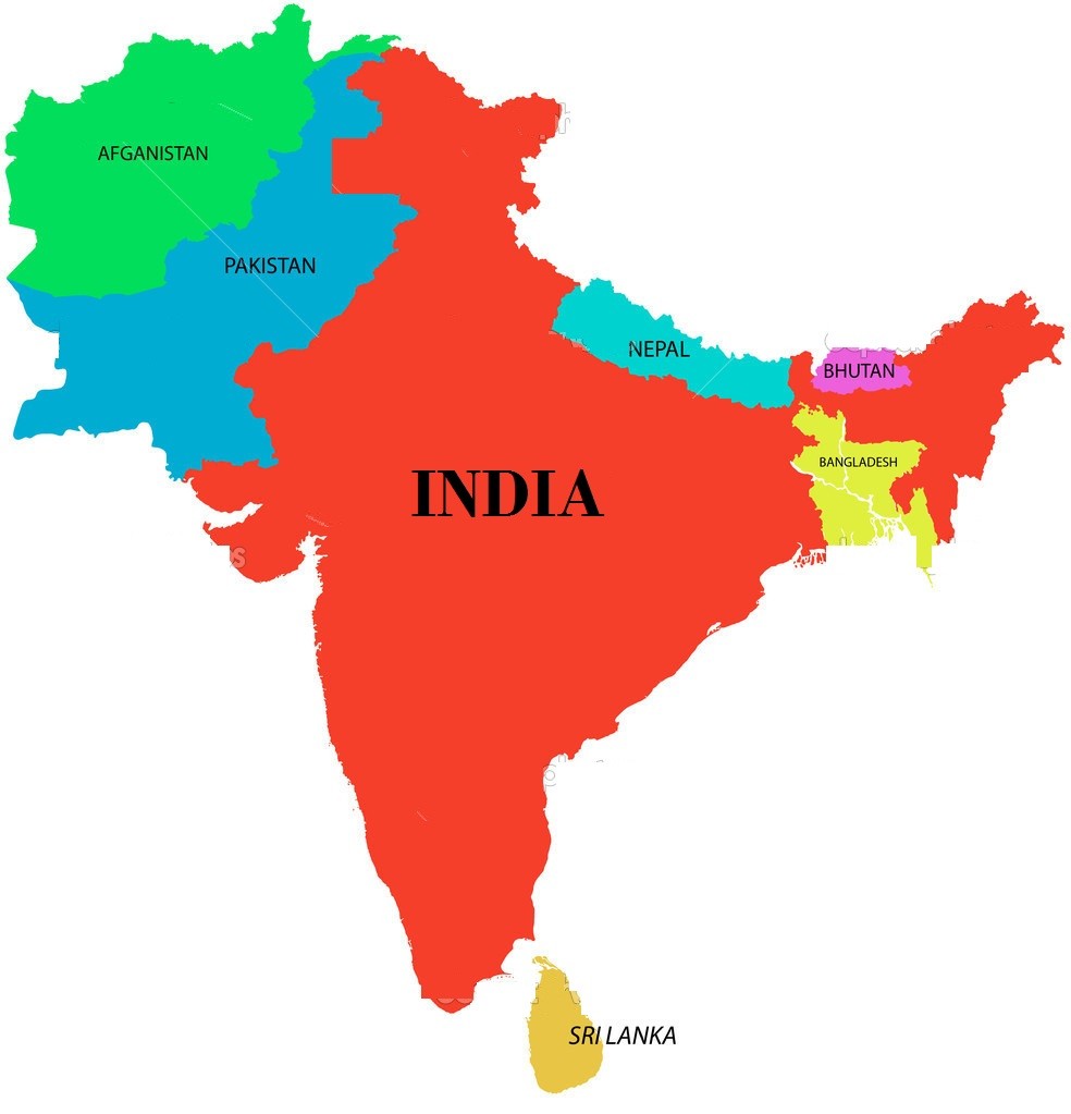 The illustration of south asia map with detailed india map.